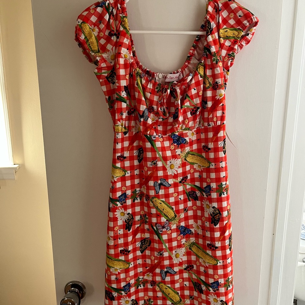 Lisa Says Gah Red Checkered Vichy Dress with Floral Print
